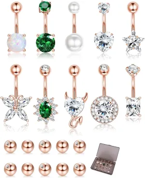 9/10PCS Surgical Stainless Steel Hypoallergenic Belly Button Rings with Extra Replacement Balls, Trendy Dangle Belly Button Piercing Jewelry for Women, 14G - Silver/Gold/Rose Gold