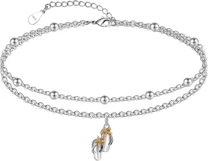 925 Sterling Silver Anklets for Women Layered Adjustable Ankle Bracelet for Best Friends - 9.5" with 1.2" Extender