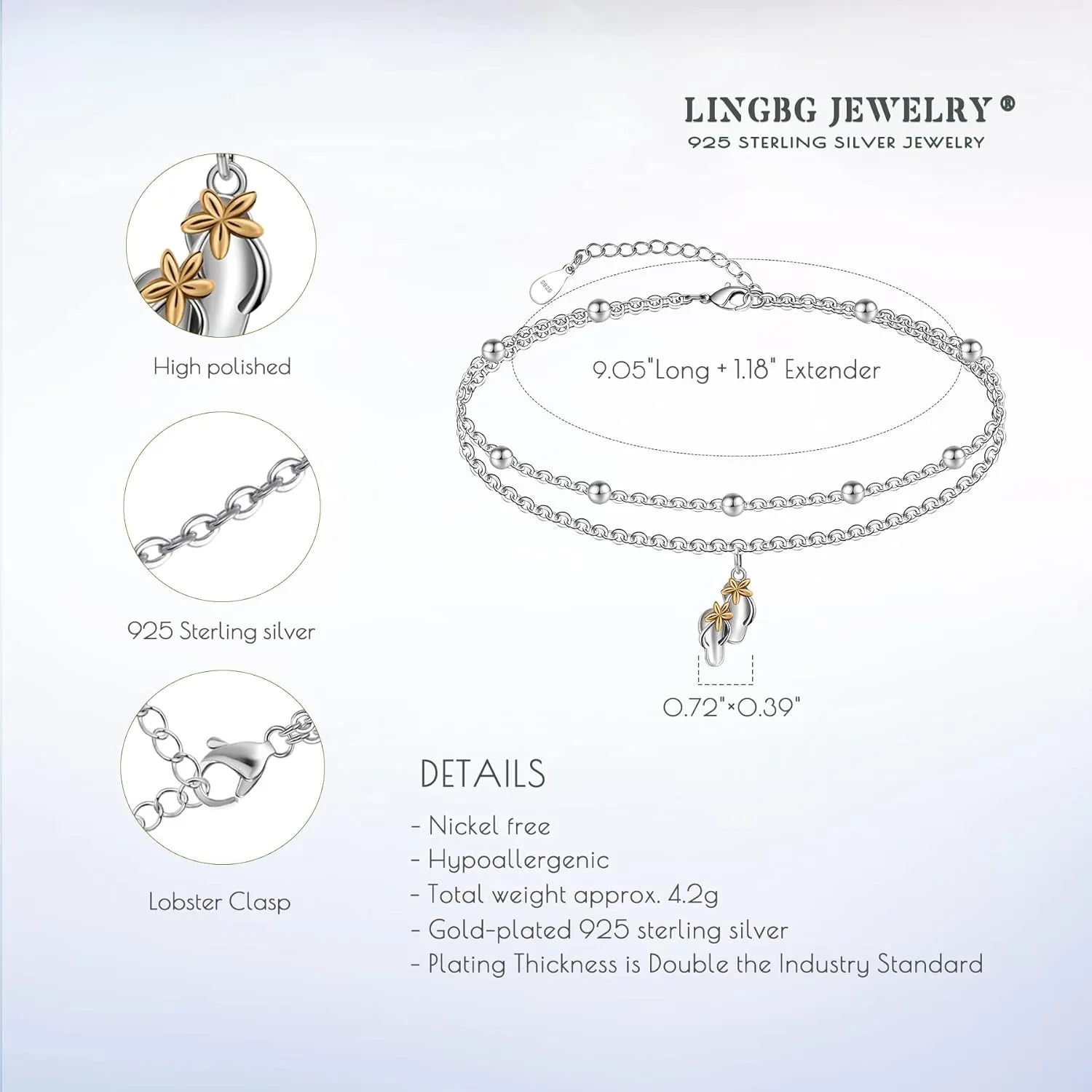925 Sterling Silver Anklets for Women Layered Adjustable Ankle Bracelet for Best Friends - 9.5" with 1.2" Extender