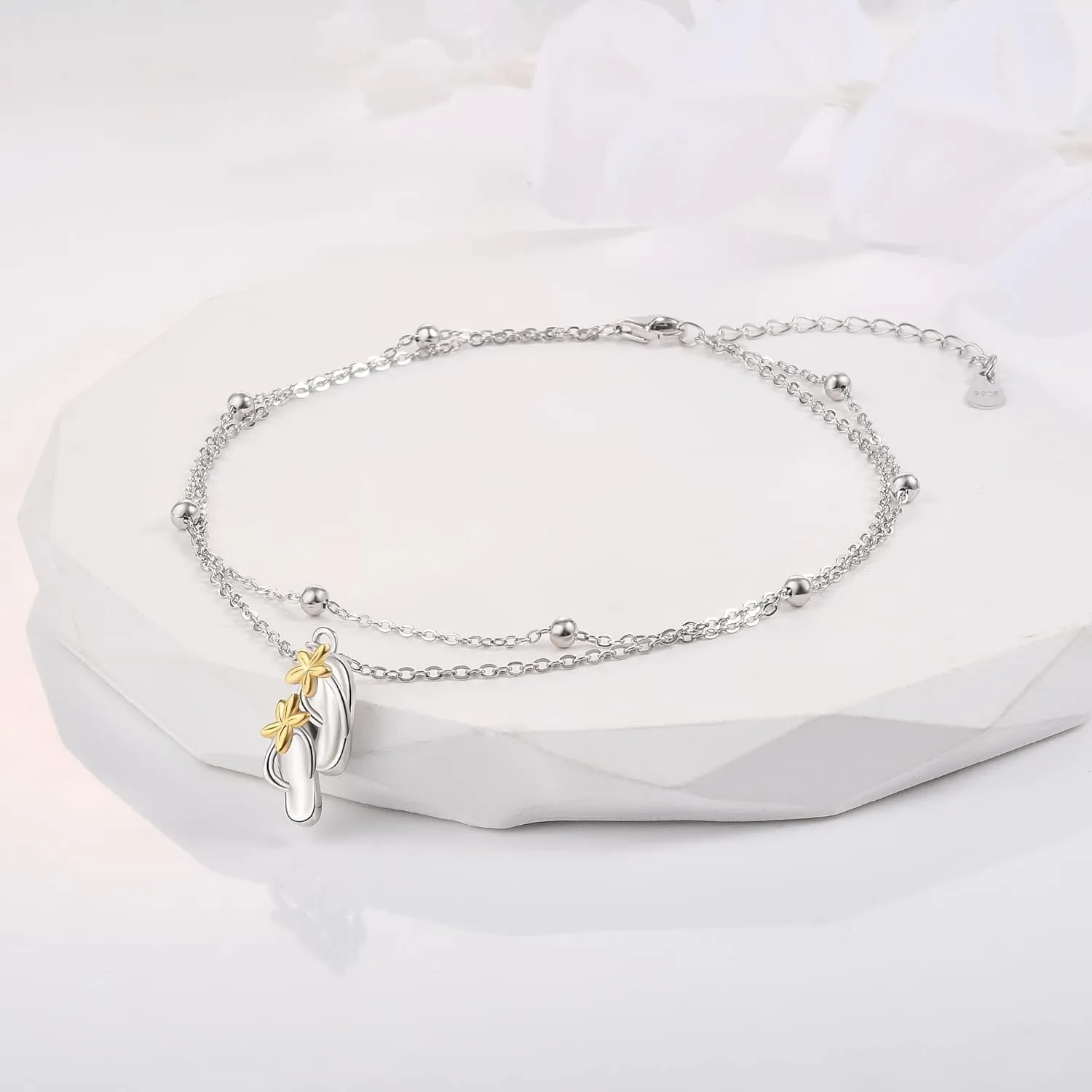 925 Sterling Silver Anklets for Women Layered Adjustable Ankle Bracelet for Best Friends - 9.5" with 1.2" Extender