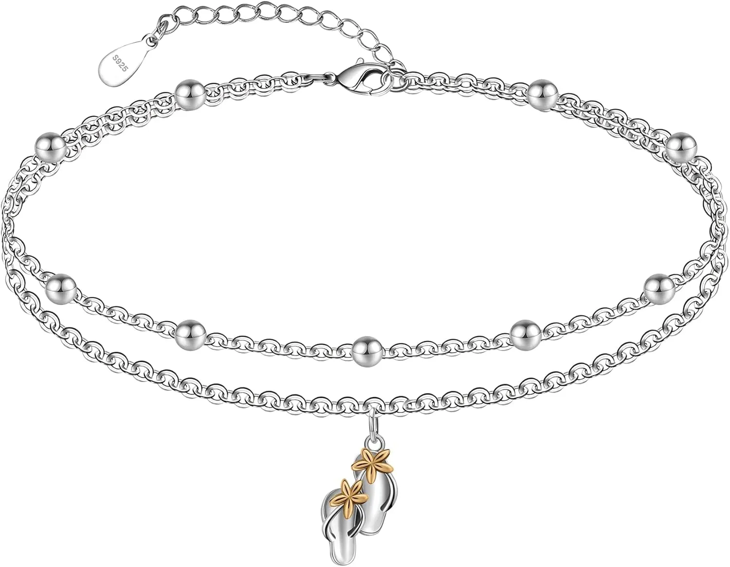 925 Sterling Silver Anklets for Women Layered Adjustable Ankle Bracelet for Best Friends - 9.5" with 1.2" Extender