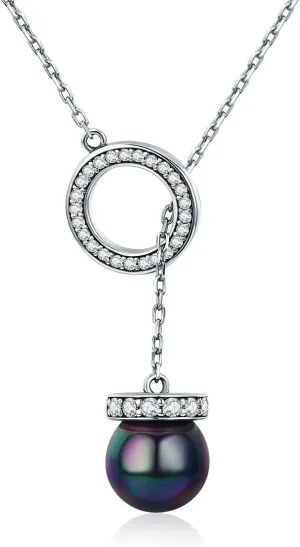 925 Sterling Silver Circle Black Imitation Pearl Elegant Long Chain Women Pendant Necklace Silver Jewelry