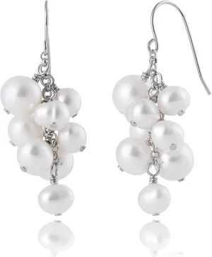 925 Sterling Silver Fish Hook Dangle Earrings Cluster Pearls Freshwater Cultured Full-Drilled Freshwater Pearls
