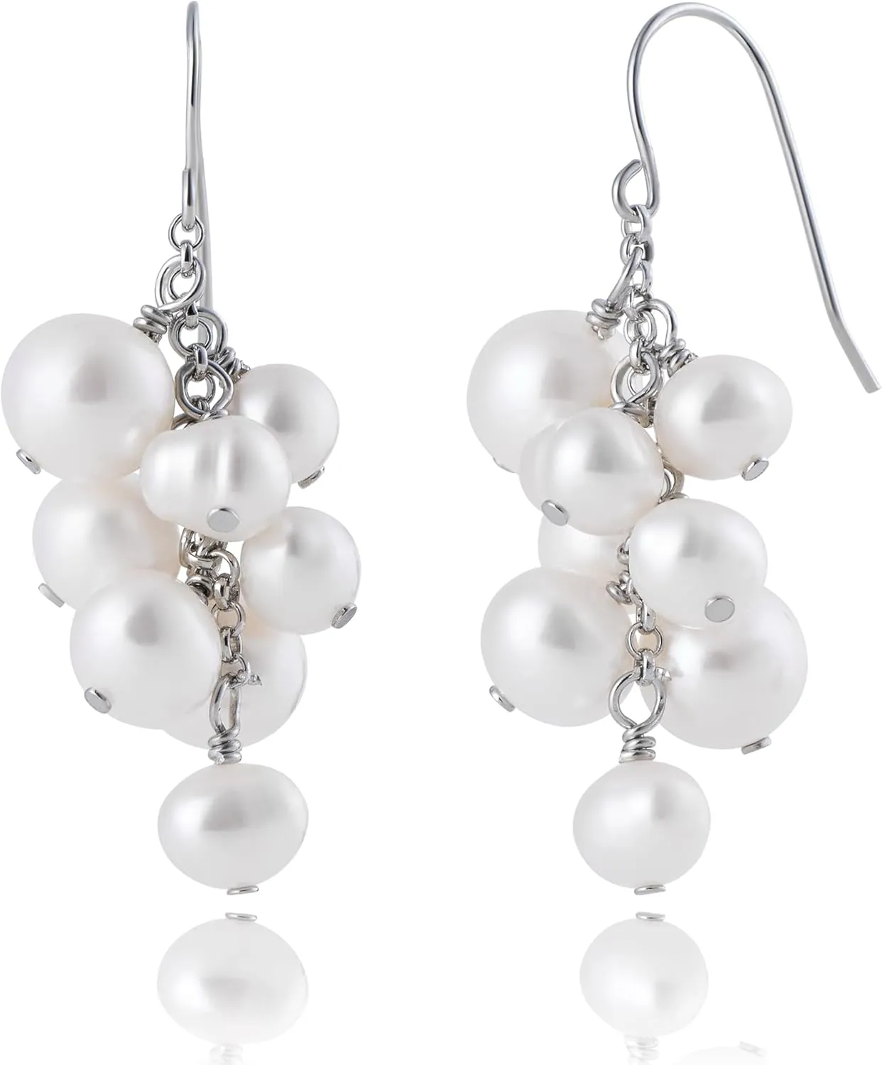 925 Sterling Silver Fish Hook Dangle Earrings Cluster Pearls Freshwater Cultured Full-Drilled Freshwater Pearls