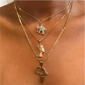 Africa Map Choker Necklace Crystal Elephant Layered Pendant Necklace Chains Gold Gothic Egyptian Queen Beach Adjustable Jewelry Dainty Accessory for Women