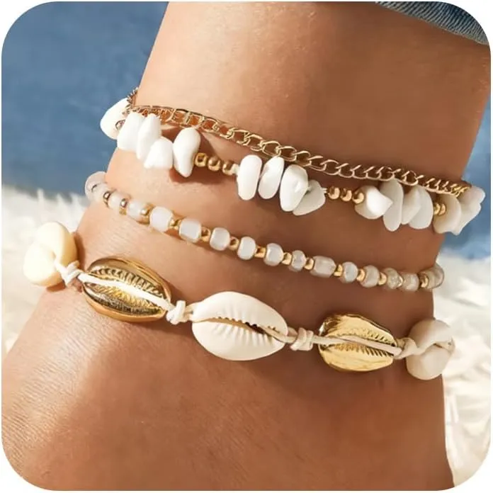 Ankle Bracelets for Women 14K Gold Plated Anklet Set Adjustable Layered Waterproof Ankle Bracelet Sea Shell Figaro Mirror Chain Summer Beach Foot Jewelry Gift