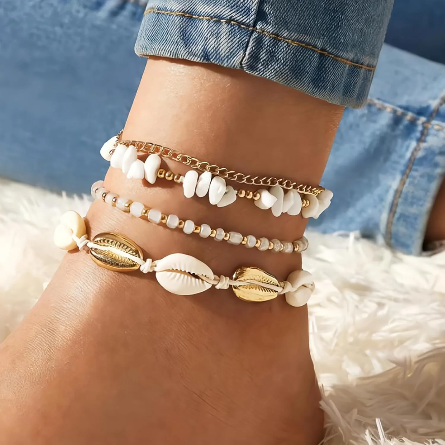 Ankle Bracelets for Women 14K Gold Plated Anklet Set Adjustable Layered Waterproof Ankle Bracelet Sea Shell Figaro Mirror Chain Summer Beach Foot Jewelry Gift