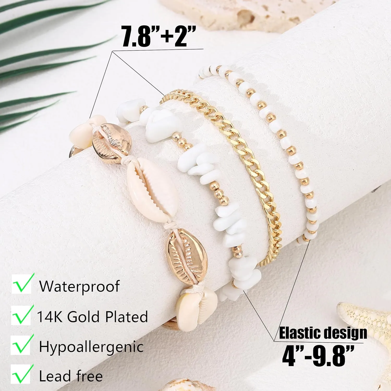 Ankle Bracelets for Women 14K Gold Plated Anklet Set Adjustable Layered Waterproof Ankle Bracelet Sea Shell Figaro Mirror Chain Summer Beach Foot Jewelry Gift