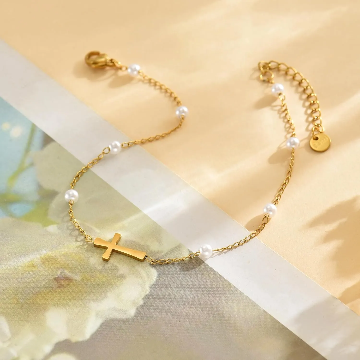 Ankle Bracelets for Women 18K Gold Plated Dainty Waterproof Cross Anklets Pearl Beaded Link Chain Anklet for Women Non Tarnish Summer Beach Foot Jewelry