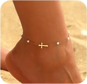 Ankle Bracelets for Women 18K Gold Plated Dainty Waterproof Cross Anklets Pearl Beaded Link Chain Anklet for Women Non Tarnish Summer Beach Foot Jewelry