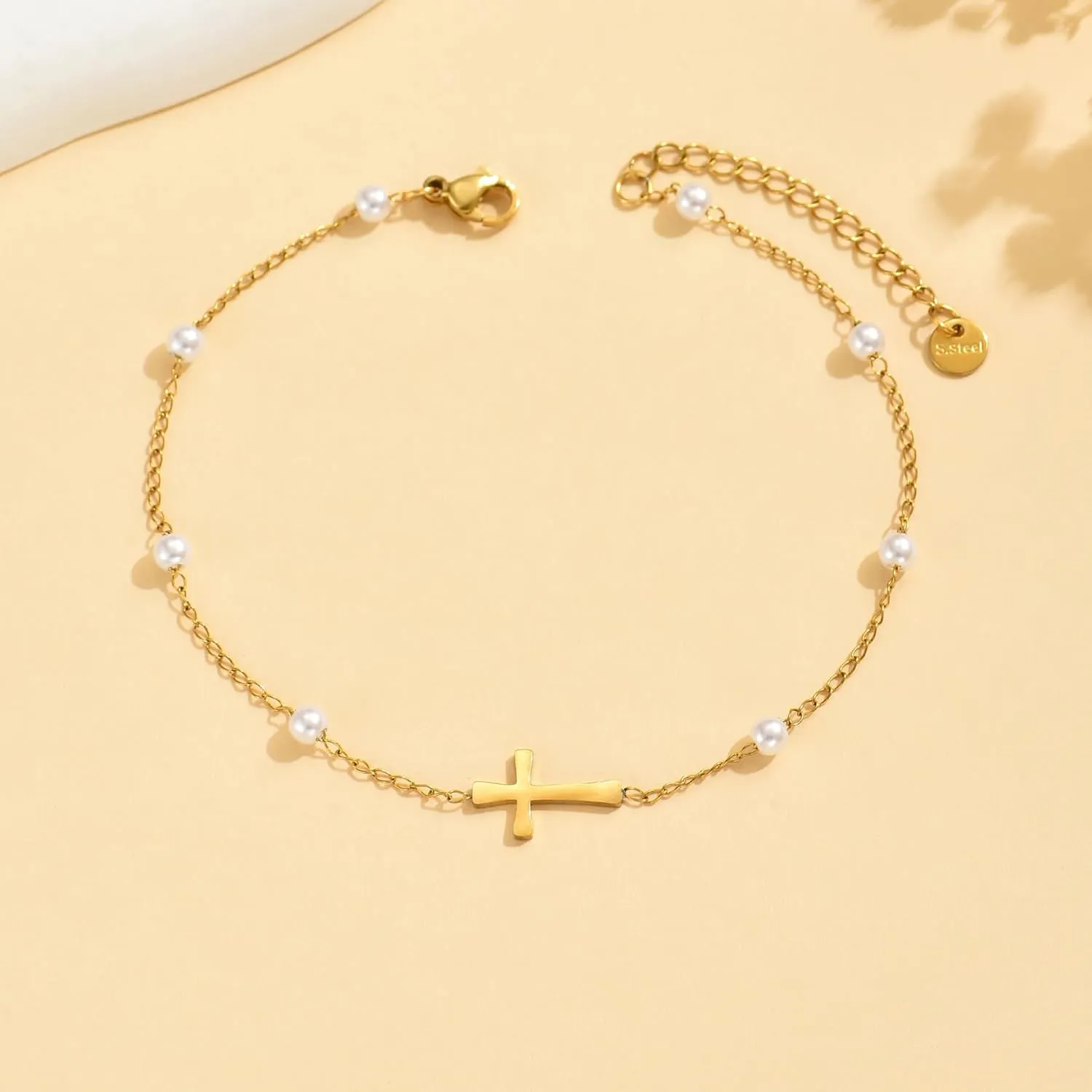 Ankle Bracelets for Women 18K Gold Plated Dainty Waterproof Cross Anklets Pearl Beaded Link Chain Anklet for Women Non Tarnish Summer Beach Foot Jewelry