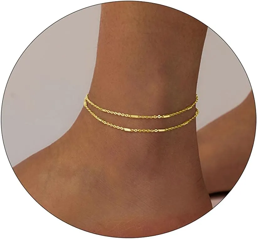 ASCOMY Ankle Bracelets for Women 14K Gold Plated Anklet for Women Silver Layered Shining Tennis Anklet Dainty Beaded Bar Dot Pearl Satellite Link Chain Anklets Summer Beach Foot Chain Jewelry Gifts