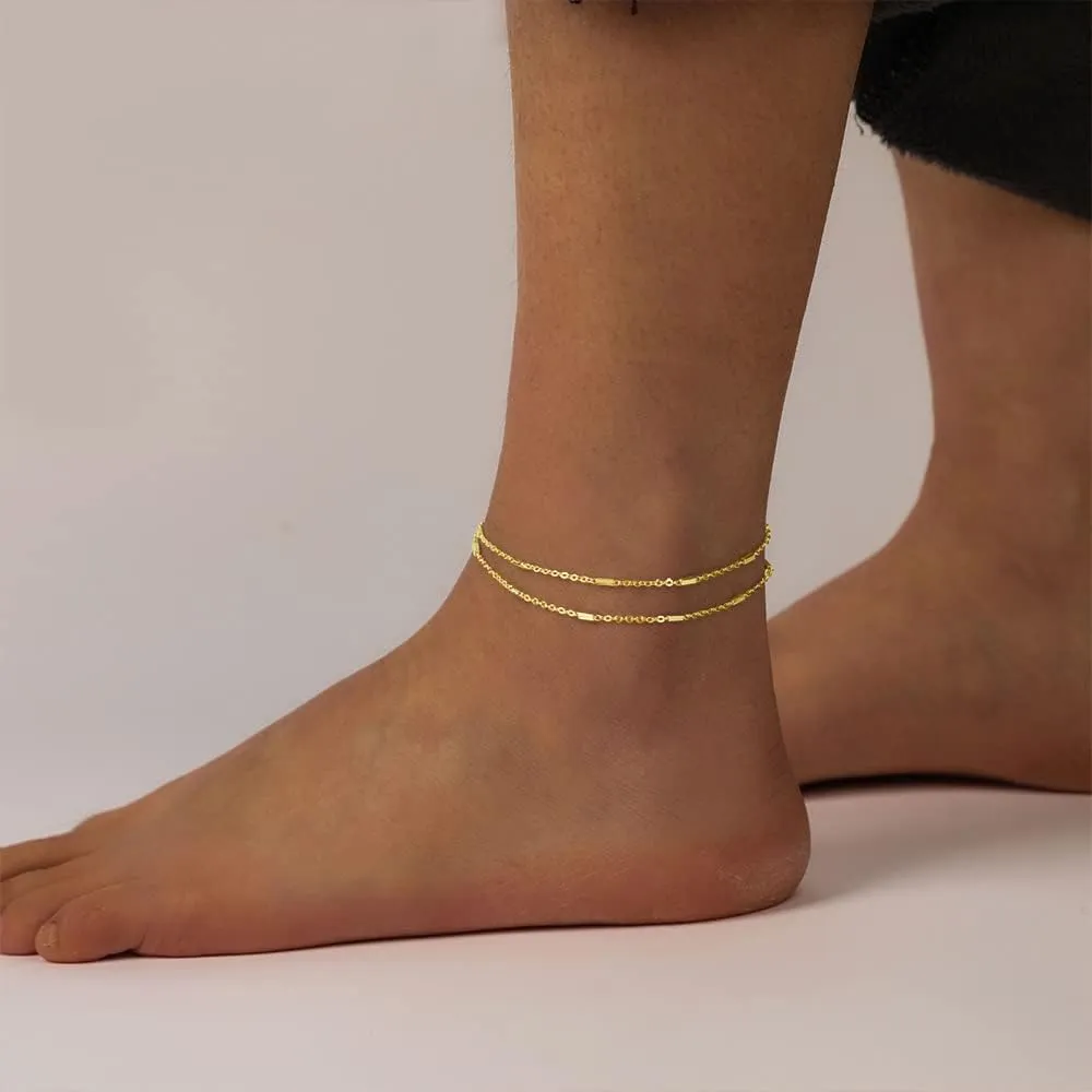 ASCOMY Ankle Bracelets for Women 14K Gold Plated Anklet for Women Silver Layered Shining Tennis Anklet Dainty Beaded Bar Dot Pearl Satellite Link Chain Anklets Summer Beach Foot Chain Jewelry Gifts