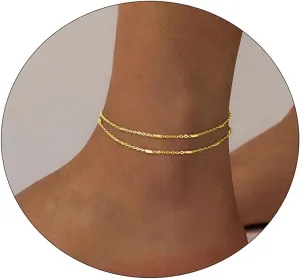 ASCOMY Ankle Bracelets for Women 14K Gold Plated Anklet for Women Silver Layered Shining Tennis Anklet Dainty Beaded Bar Dot Pearl Satellite Link Chain Anklets Summer Beach Foot Chain Jewelry Gifts