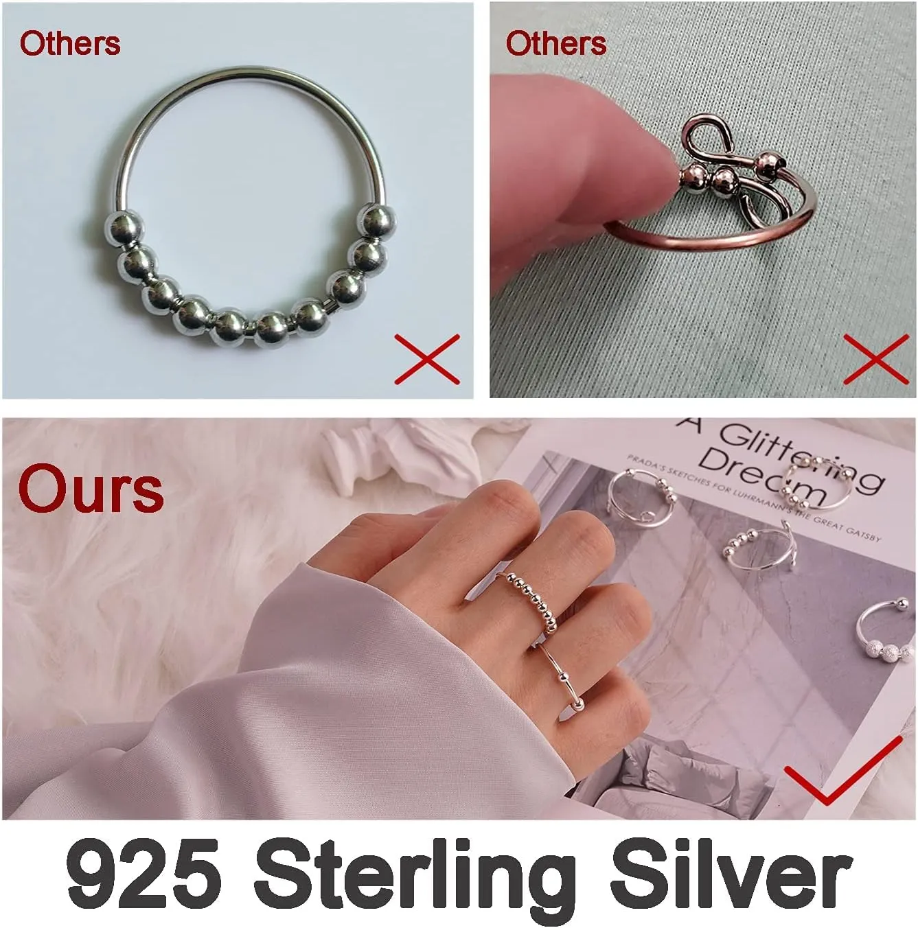 ASGIFT 925 Sterling Silver Anti Anxiety Ring fo Women Men Fidget Rings for Anxiety with Spinner Beads Stress Relief Stacking Rings Daughter Girls Jewelry