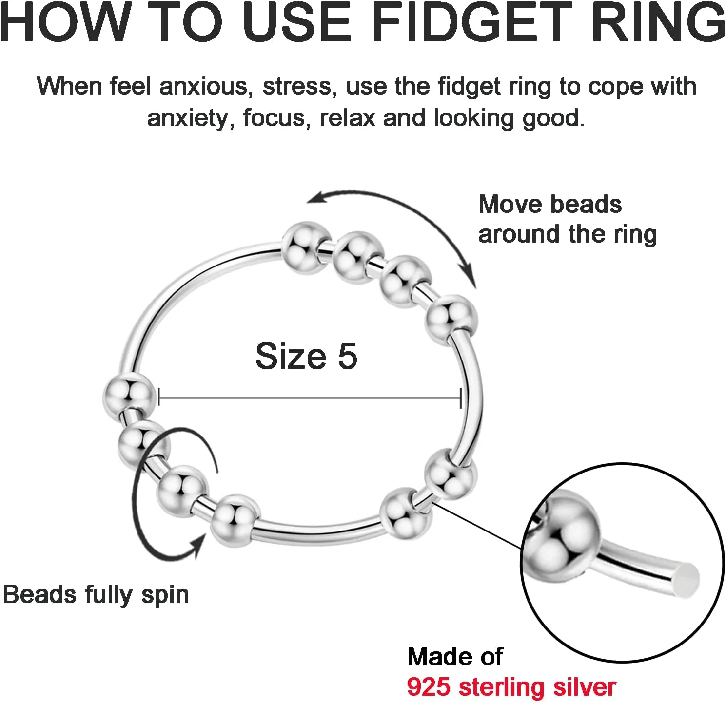 ASGIFT 925 Sterling Silver Anti Anxiety Ring fo Women Men Fidget Rings for Anxiety with Spinner Beads Stress Relief Stacking Rings Daughter Girls Jewelry