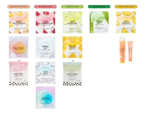 Avatara Juicy Peach Brightening Facial Mask 5 Sheets, Beauty and Skincare Sheet Masks with Peach Extracts, Hyaluronic Acid and Clean Ingredients for Clearer, Brighter Skin With Natural Glow, 5 Pack
