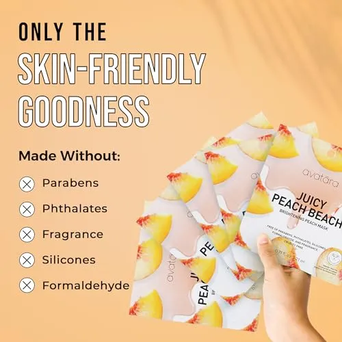 Avatara Juicy Peach Brightening Facial Mask 5 Sheets, Beauty and Skincare Sheet Masks with Peach Extracts, Hyaluronic Acid and Clean Ingredients for Clearer, Brighter Skin With Natural Glow, 5 Pack