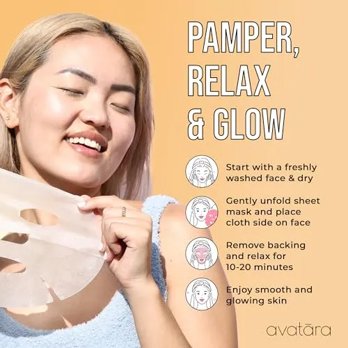 Avatara Juicy Peach Brightening Facial Mask 5 Sheets, Beauty and Skincare Sheet Masks with Peach Extracts, Hyaluronic Acid and Clean Ingredients for Clearer, Brighter Skin With Natural Glow, 5 Pack