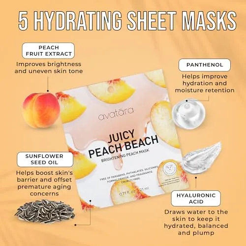 Avatara Juicy Peach Brightening Facial Mask 5 Sheets, Beauty and Skincare Sheet Masks with Peach Extracts, Hyaluronic Acid and Clean Ingredients for Clearer, Brighter Skin With Natural Glow, 5 Pack