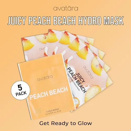 Avatara Juicy Peach Brightening Facial Mask 5 Sheets, Beauty and Skincare Sheet Masks with Peach Extracts, Hyaluronic Acid and Clean Ingredients for Clearer, Brighter Skin With Natural Glow, 5 Pack