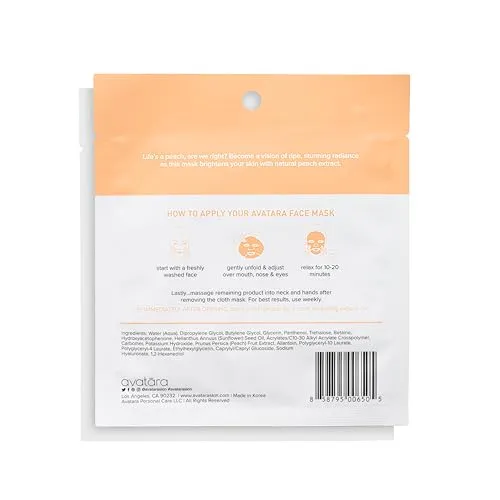 Avatara Juicy Peach Brightening Facial Mask 5 Sheets, Beauty and Skincare Sheet Masks with Peach Extracts, Hyaluronic Acid and Clean Ingredients for Clearer, Brighter Skin With Natural Glow, 5 Pack