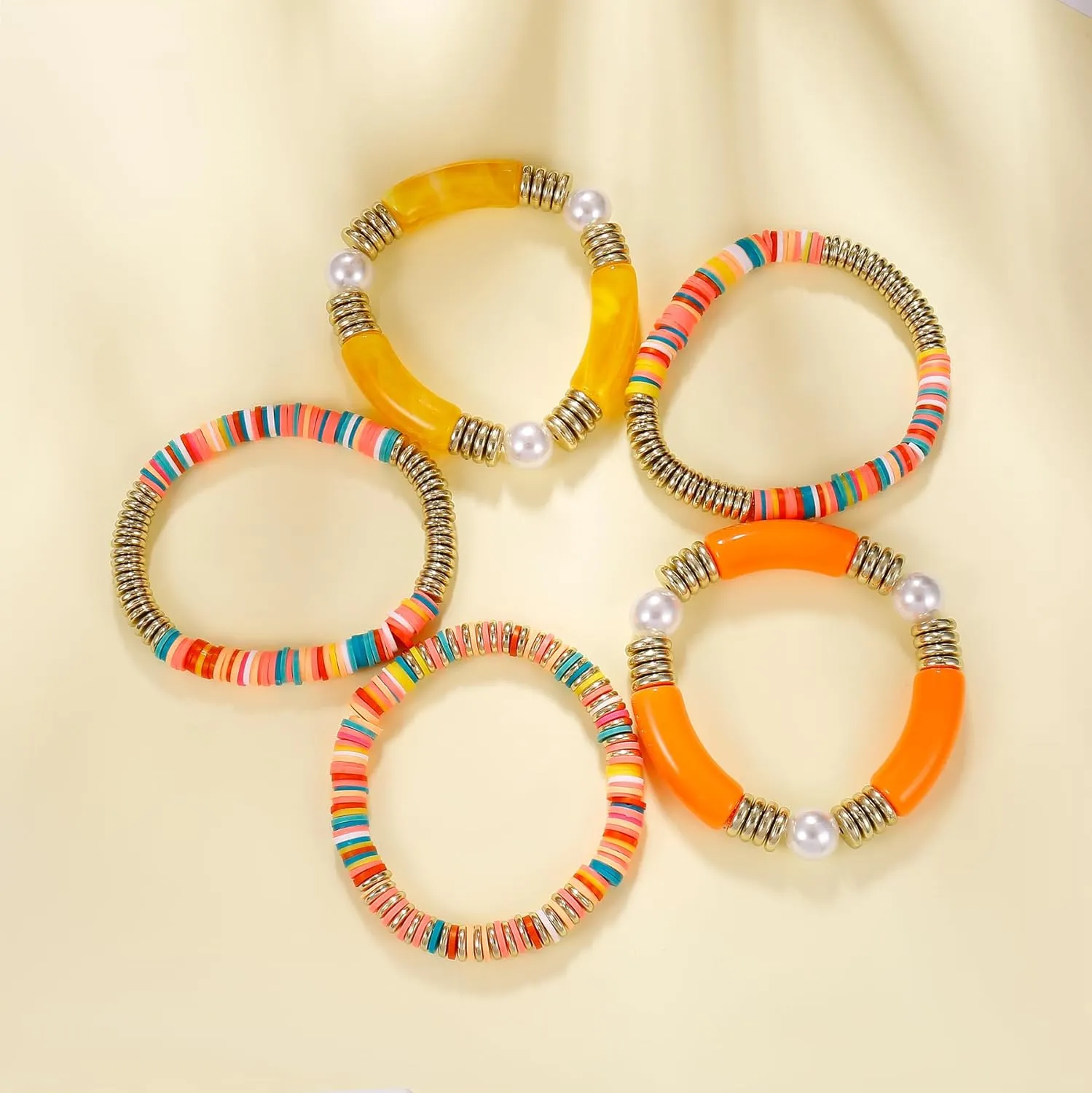 Bamboo Tube Bangles Bracelet Curved Stacking Clear Acrylic Colorful Beads Stretchable Friendship Gold Bracelets Gifts For Bestfriends, Couple, Family Members, Siblings, mother, Lover