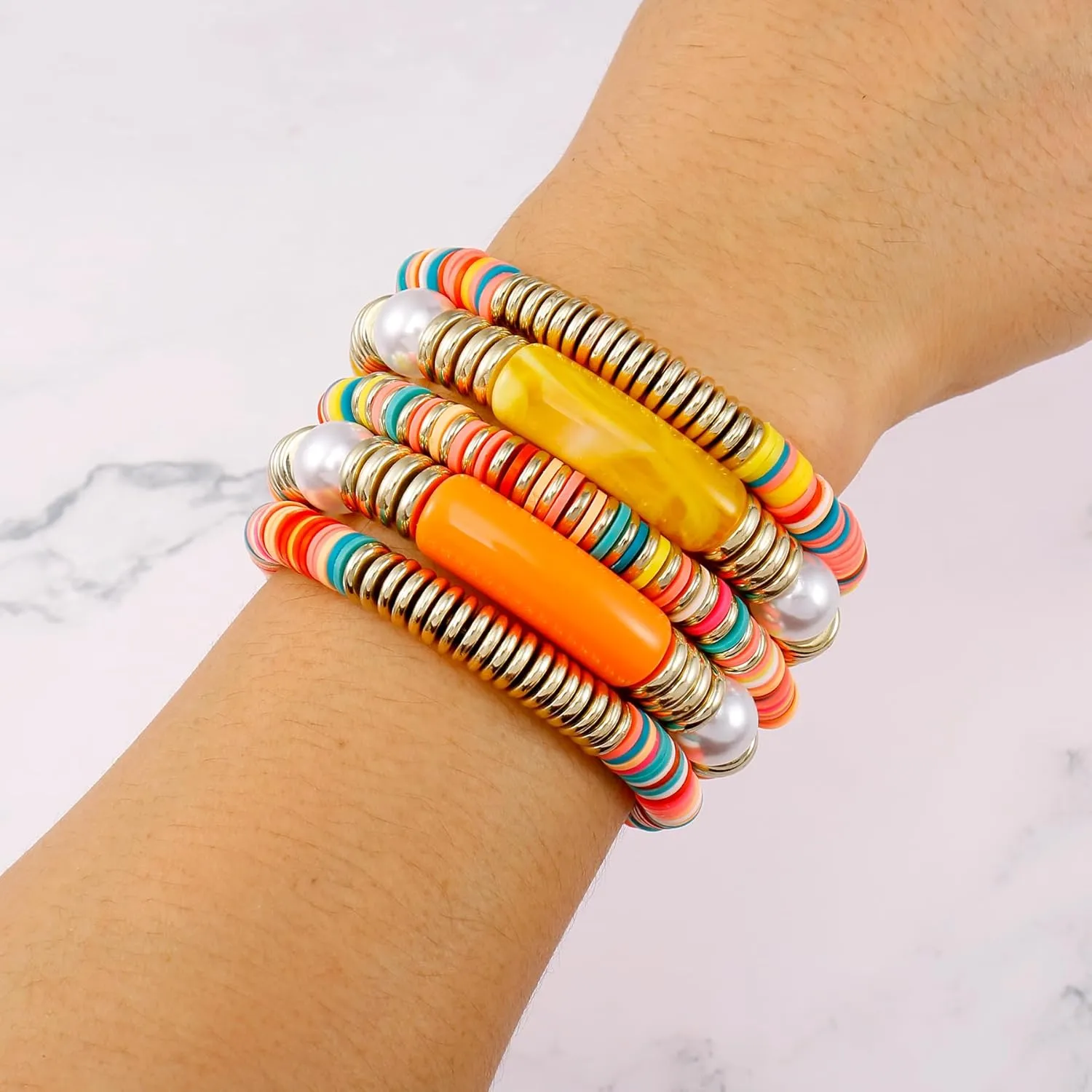 Bamboo Tube Bangles Bracelet Curved Stacking Clear Acrylic Colorful Beads Stretchable Friendship Gold Bracelets Gifts For Bestfriends, Couple, Family Members, Siblings, mother, Lover