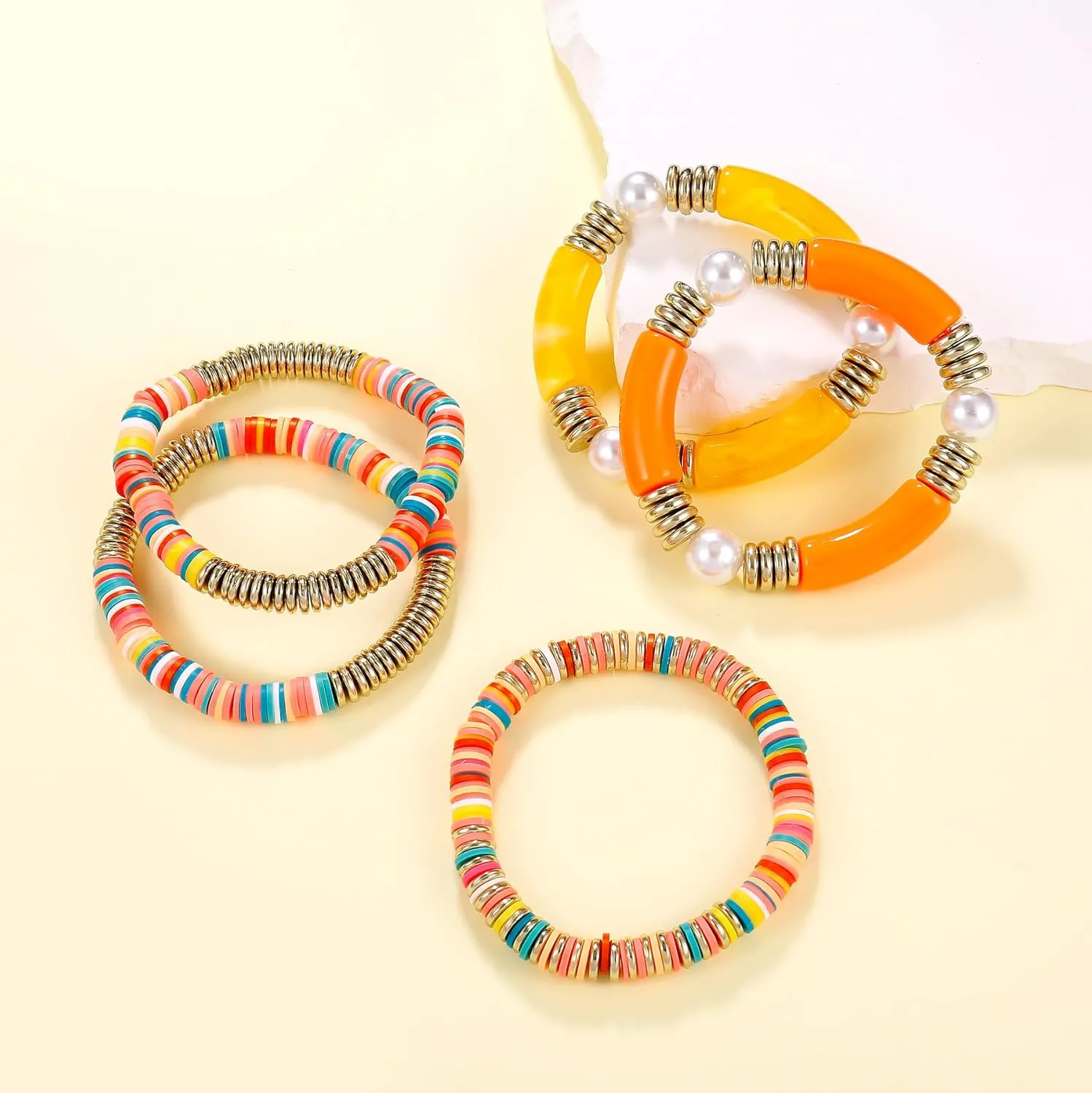 Bamboo Tube Bangles Bracelet Curved Stacking Clear Acrylic Colorful Beads Stretchable Friendship Gold Bracelets Gifts For Bestfriends, Couple, Family Members, Siblings, mother, Lover