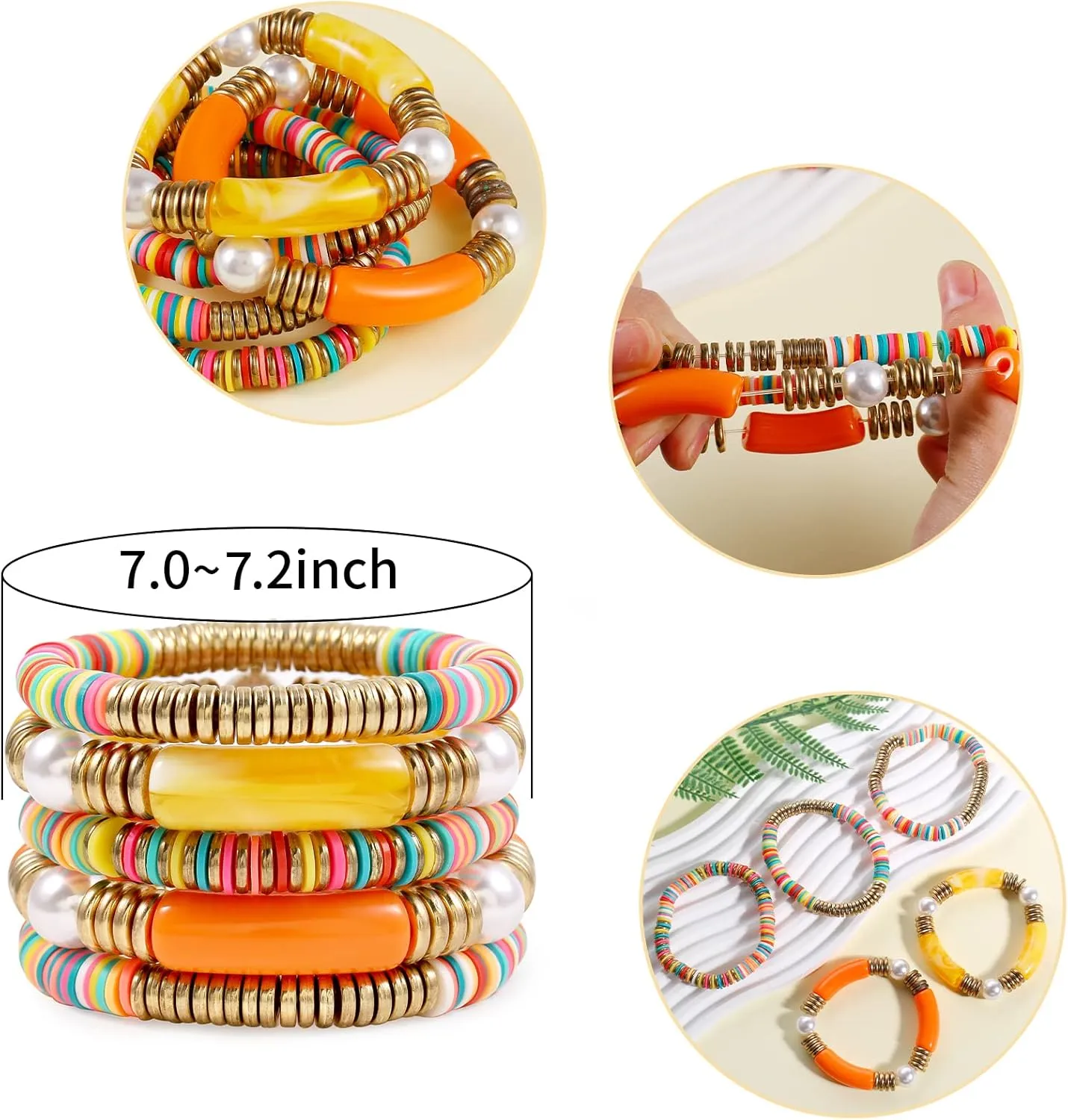 Bamboo Tube Bangles Bracelet Curved Stacking Clear Acrylic Colorful Beads Stretchable Friendship Gold Bracelets Gifts For Bestfriends, Couple, Family Members, Siblings, mother, Lover