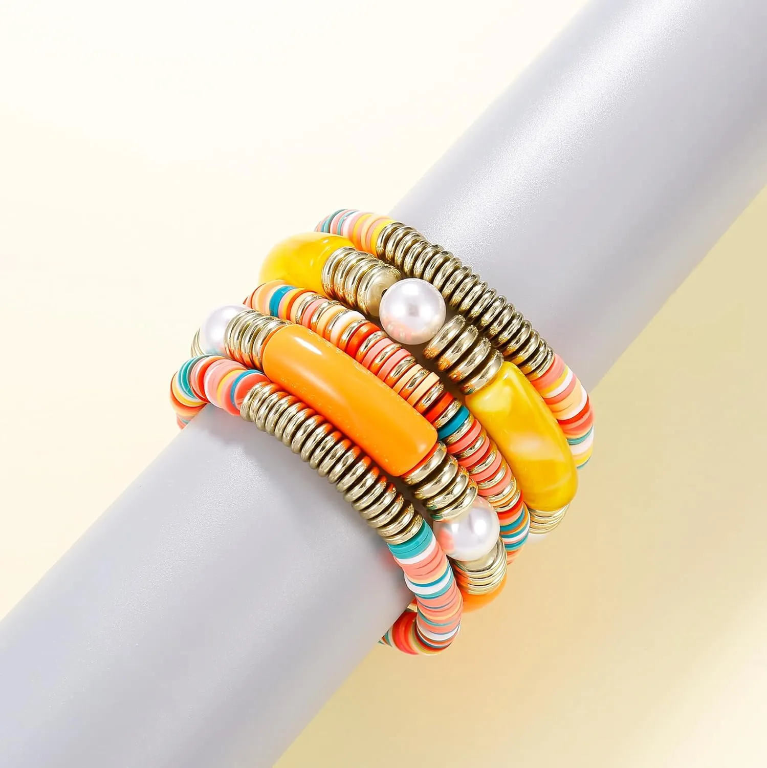 Bamboo Tube Bangles Bracelet Curved Stacking Clear Acrylic Colorful Beads Stretchable Friendship Gold Bracelets Gifts For Bestfriends, Couple, Family Members, Siblings, mother, Lover
