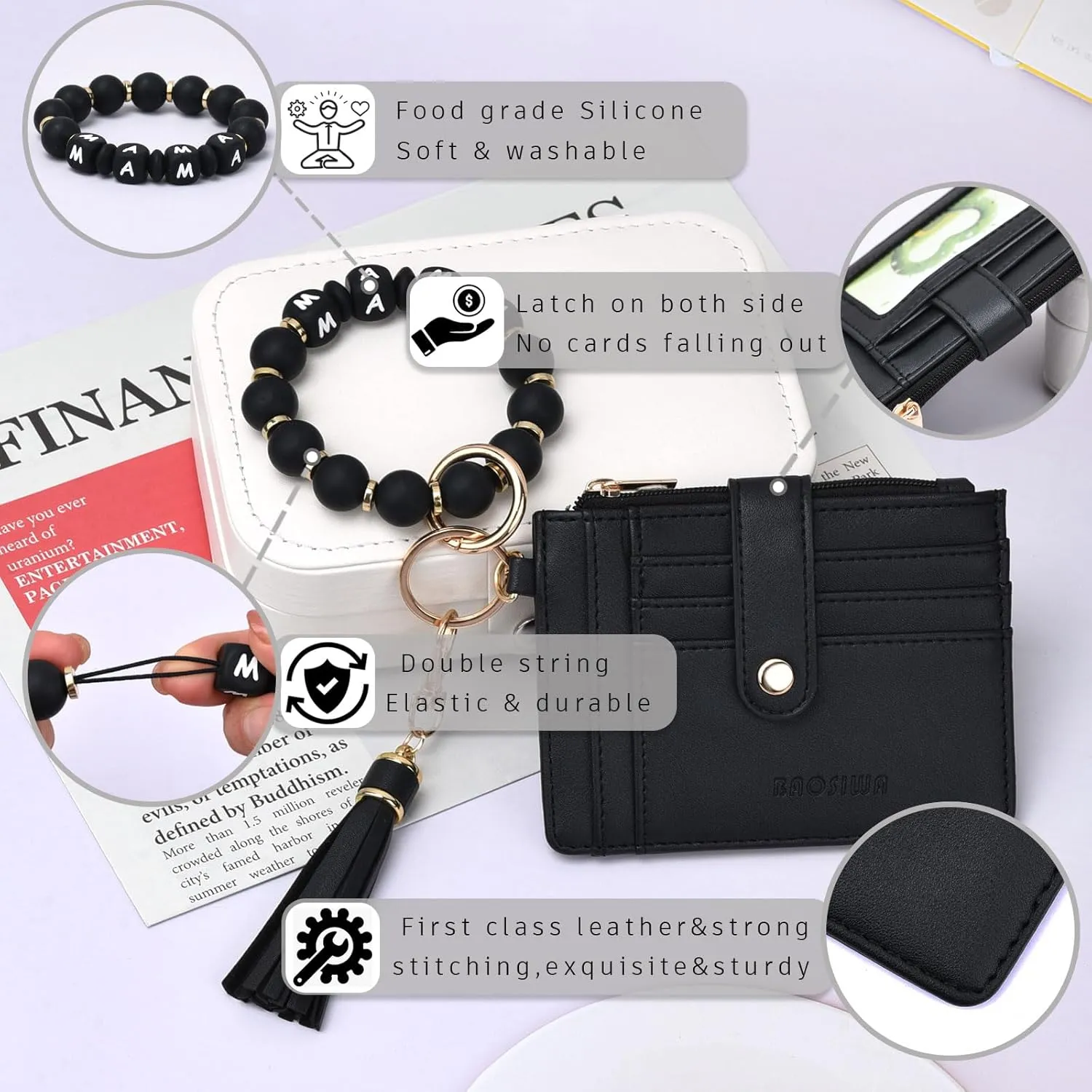 BAOSIWA Silicone Bracelet Keychain Wallet for Women Wristlet Card Holder Slim RFID Wallet with Zipper Pocket