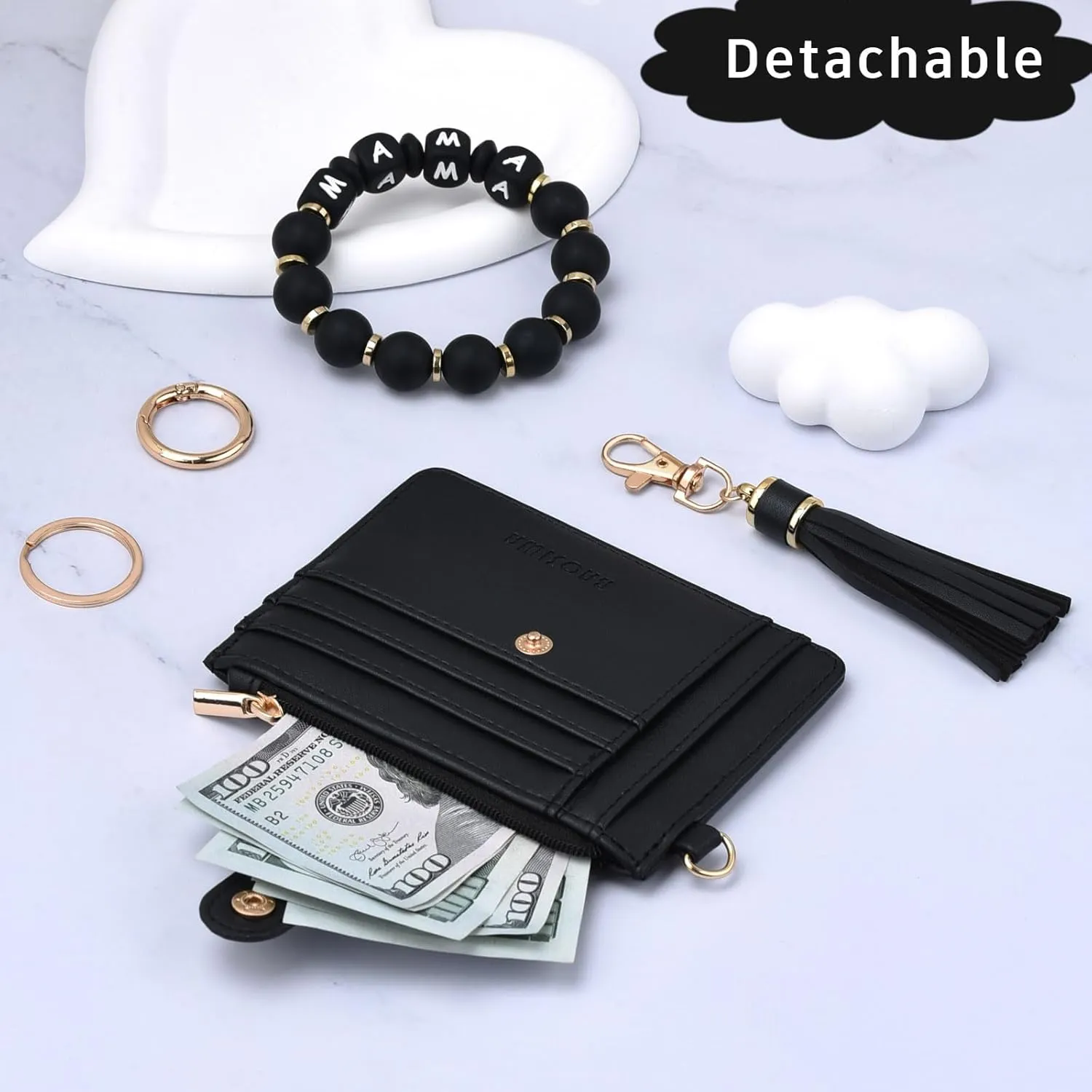 BAOSIWA Silicone Bracelet Keychain Wallet for Women Wristlet Card Holder Slim RFID Wallet with Zipper Pocket