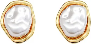 Baroque Pearl Stud Earrings For Women 14k Gold Plated Irregular Pearl Earrings Chunky Big Pearl Earrings Vintage Pearl Statement Earrings Jewelry Gift For Women