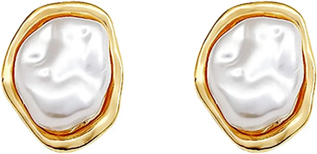Baroque Pearl Stud Earrings For Women 14k Gold Plated Irregular Pearl Earrings Chunky Big Pearl Earrings Vintage Pearl Statement Earrings Jewelry Gift For Women