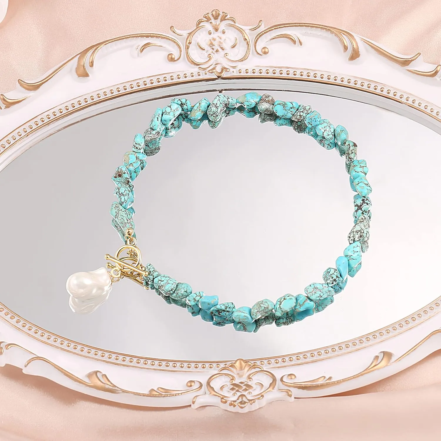 Beaded Choker Necklaces for Women Girls Natural Turquoise Fluorite Malachite Stone Bohemian Beaded Choker Jewelry