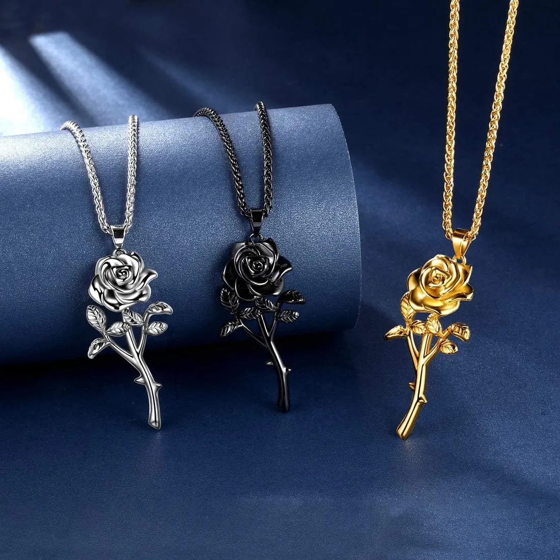 beautlace Rose Necklaces/Adjustable Rings Silver/18K Gold/Black Gun Plated Flower Pendant/Open Ring Elegant Jewelry Gifts for Women