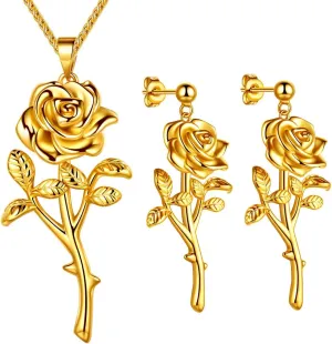 beautlace Rose Necklaces/Adjustable Rings Silver/18K Gold/Black Gun Plated Flower Pendant/Open Ring Elegant Jewelry Gifts for Women