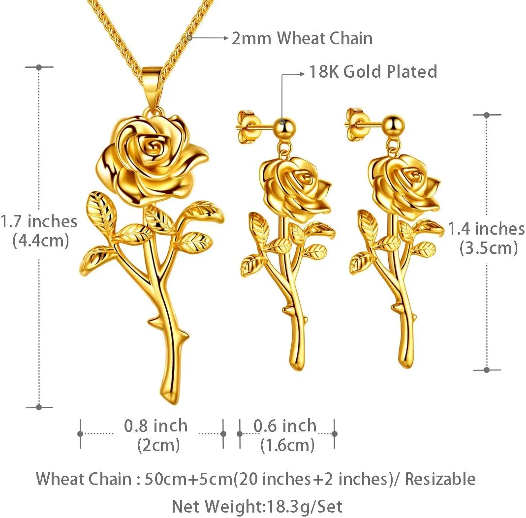 beautlace Rose Necklaces/Adjustable Rings Silver/18K Gold/Black Gun Plated Flower Pendant/Open Ring Elegant Jewelry Gifts for Women