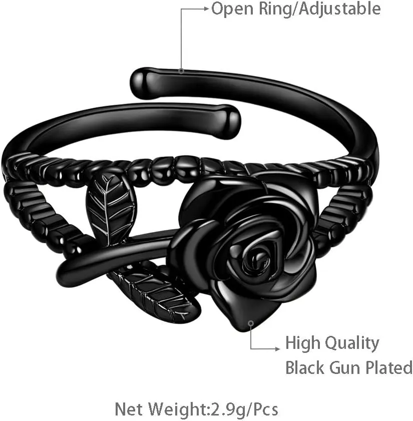 beautlace Rose Necklaces/Adjustable Rings Silver/18K Gold/Black Gun Plated Flower Pendant/Open Ring Elegant Jewelry Gifts for Women