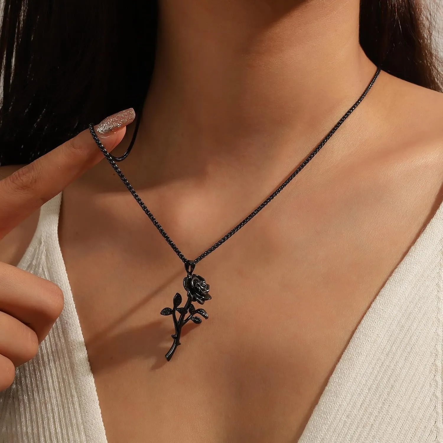 beautlace Rose Necklaces/Adjustable Rings Silver/18K Gold/Black Gun Plated Flower Pendant/Open Ring Elegant Jewelry Gifts for Women