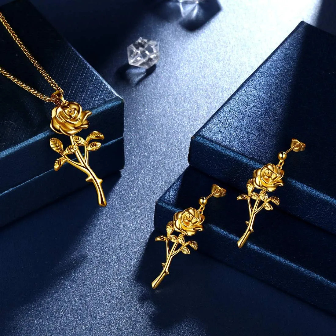 beautlace Rose Necklaces/Adjustable Rings Silver/18K Gold/Black Gun Plated Flower Pendant/Open Ring Elegant Jewelry Gifts for Women