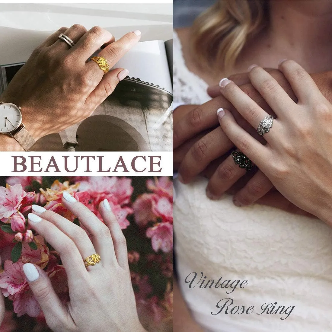beautlace Rose Necklaces/Adjustable Rings Silver/18K Gold/Black Gun Plated Flower Pendant/Open Ring Elegant Jewelry Gifts for Women