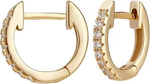 Beebeecraft 925 Sterling Silver Cubic Zirconia Hoop Earrings Gold Clear Round Huggie Ear Stud for Cartilage Tragus Piercing Jewelry