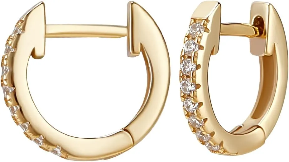 Beebeecraft 925 Sterling Silver Cubic Zirconia Hoop Earrings Gold Clear Round Huggie Ear Stud for Cartilage Tragus Piercing Jewelry