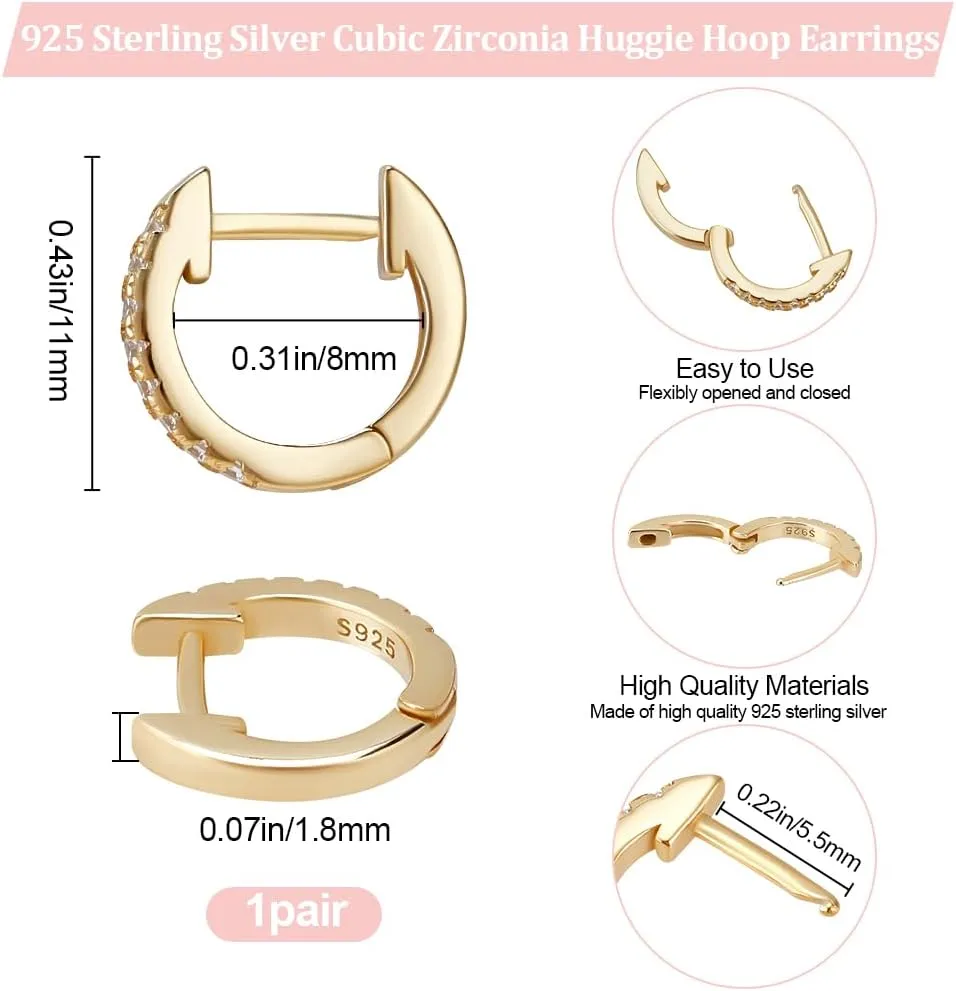 Beebeecraft 925 Sterling Silver Cubic Zirconia Hoop Earrings Gold Clear Round Huggie Ear Stud for Cartilage Tragus Piercing Jewelry