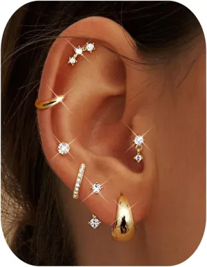BESTEEL Small Stud Hoop Earrings for Women - 7 Pairs Hypoallergenic 14K Gold Plated Huggie Earring Sets for Multiple Piercing Dainty Earring Stacks Cute Silver Cartilage Jewelry Trendy Gifts