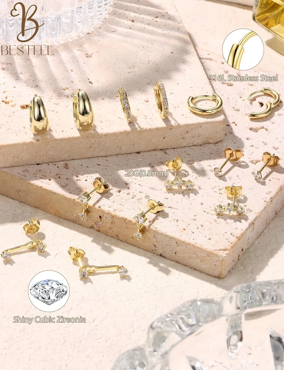 BESTEEL Small Stud Hoop Earrings for Women - 7 Pairs Hypoallergenic 14K Gold Plated Huggie Earring Sets for Multiple Piercing Dainty Earring Stacks Cute Silver Cartilage Jewelry Trendy Gifts