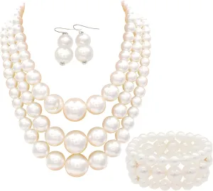Big Chunky Pearl Necklace and Earring Set - Large Costume 1920s Faux Pearls Gatsby Accessories