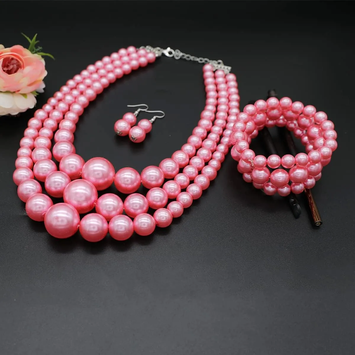 Big Chunky Pearl Necklace and Earring Set - Large Costume 1920s Faux Pearls Gatsby Accessories